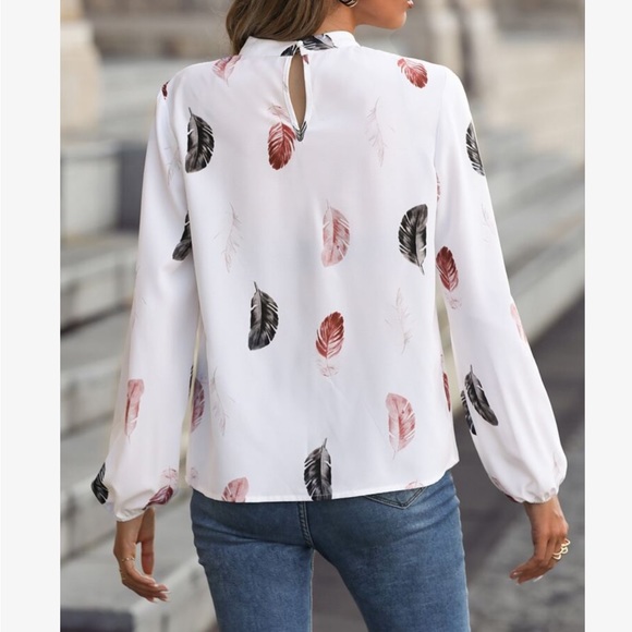 Boho Feather Print Long Sleeve Top Blouse Shirt White - Picture 2 of 7